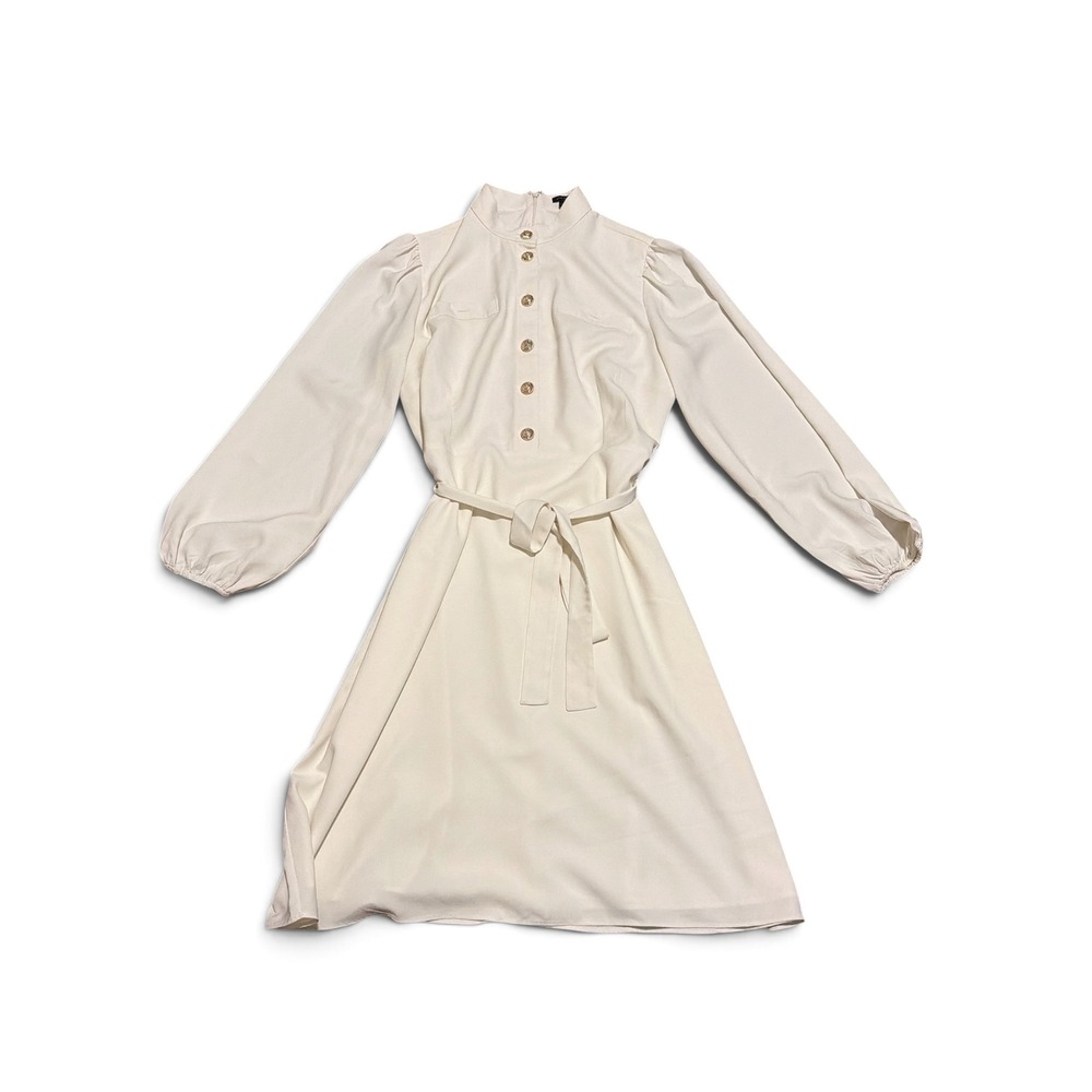 Ann Taylor Womens 12 Cream Crepe Mock Neck‎ Gold Button Belted Puff Sleeve Dress